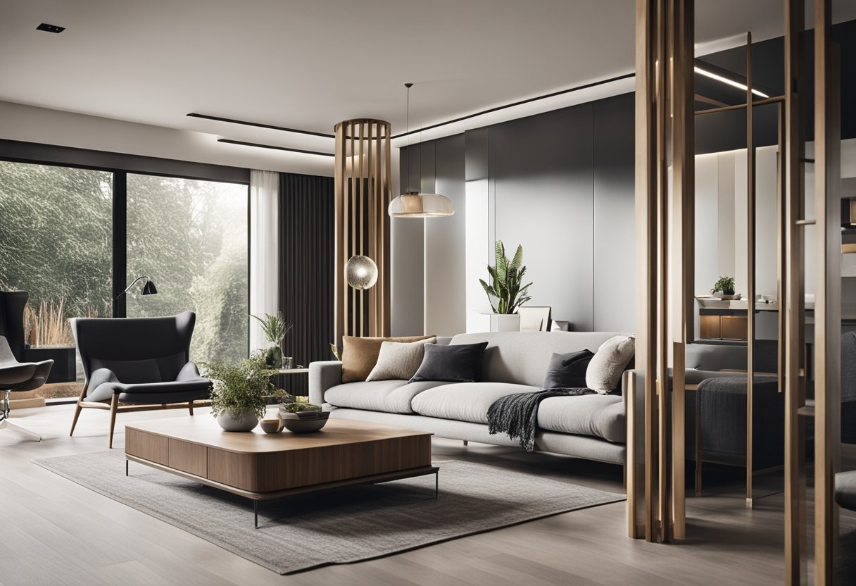 A sleek, contemporary room with a stylish divider separating the living space. Clean lines, geometric shapes, and a minimalist color palette create a modern and sophisticated atmosphere