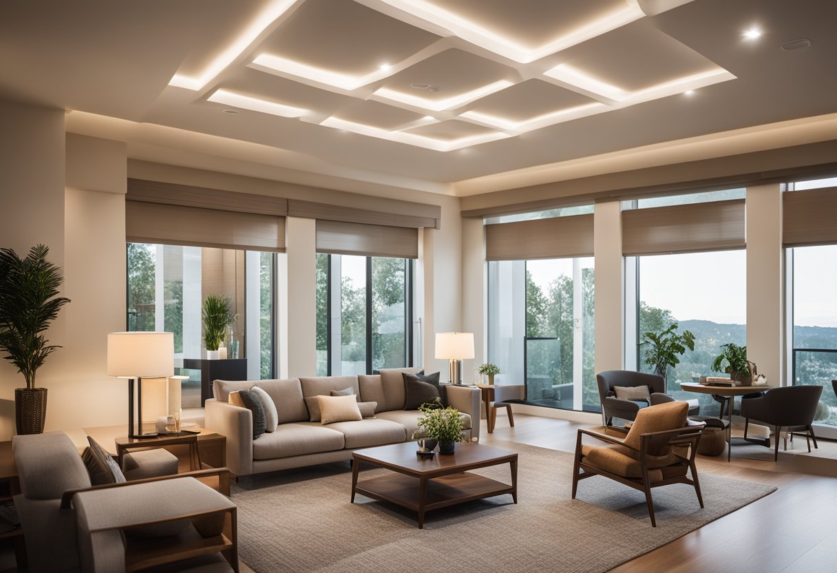 A well-lit living room with a combination of ambient, task, and accent lighting. Natural light streaming in through large windows complements the warm glow of recessed ceiling lights and strategically placed floor and table lamps