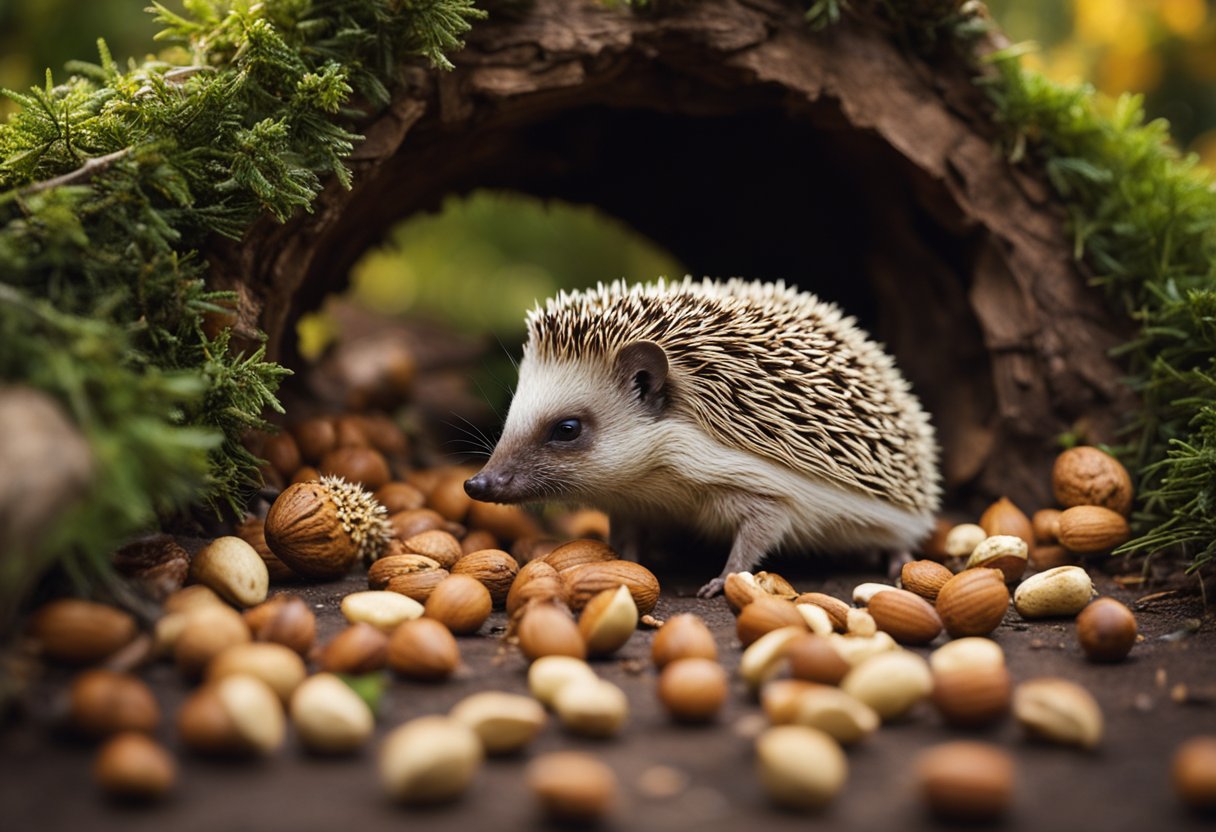 A hedgehog nibbles on a variety of nuts scattered around its den, displaying its curious nature and foraging behavior