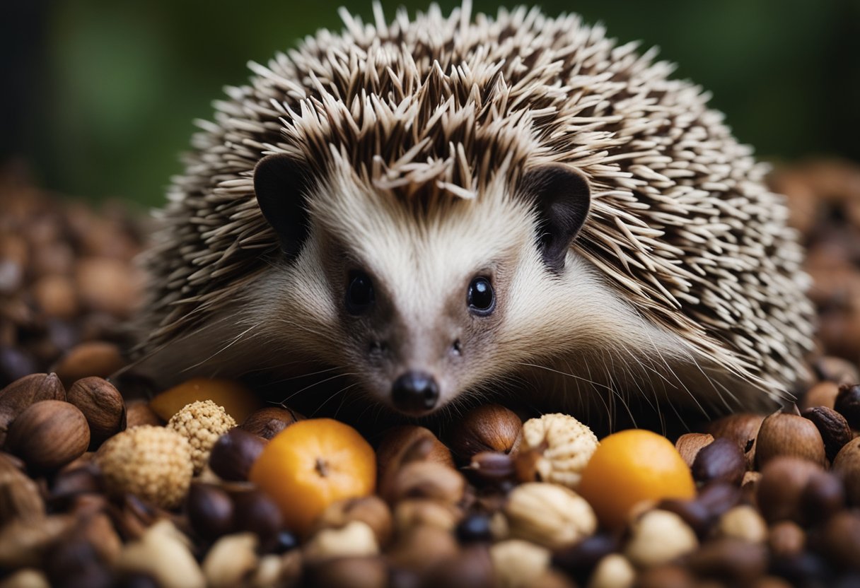A hedgehog sits by a pile of nuts, munching on one with curiosity. Surrounding it are various fruits, insects, and small mammals, showcasing the diverse dietary habits of hedgehogs