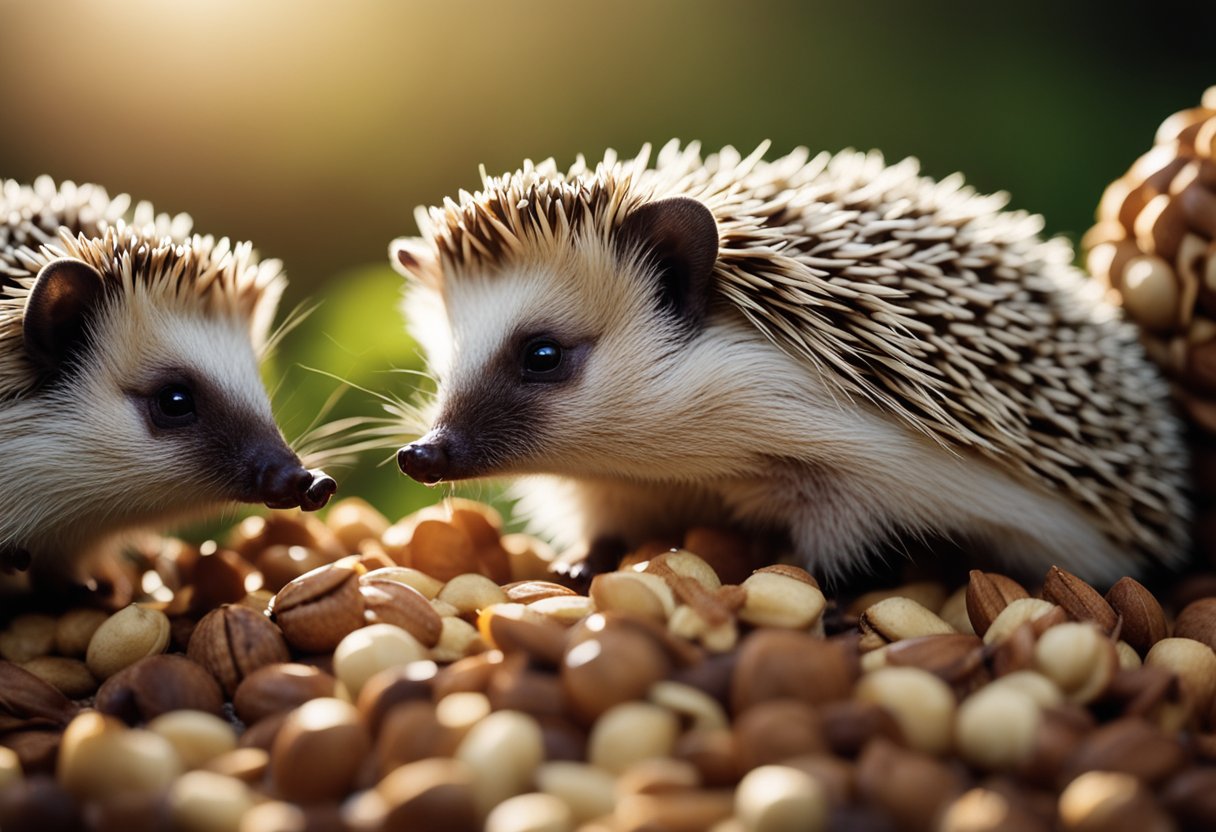 Hedgehogs gather around a pile of nuts, sniffing and nibbling at the tasty treats