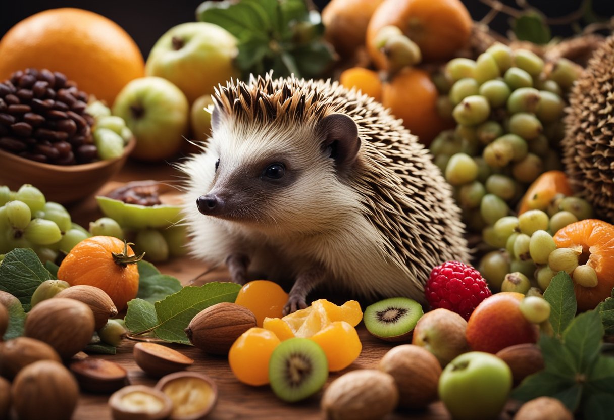 A hedgehog surrounded by various nuts, seeds, and fruits, with a curious expression as it sniffs and tastes the different food items