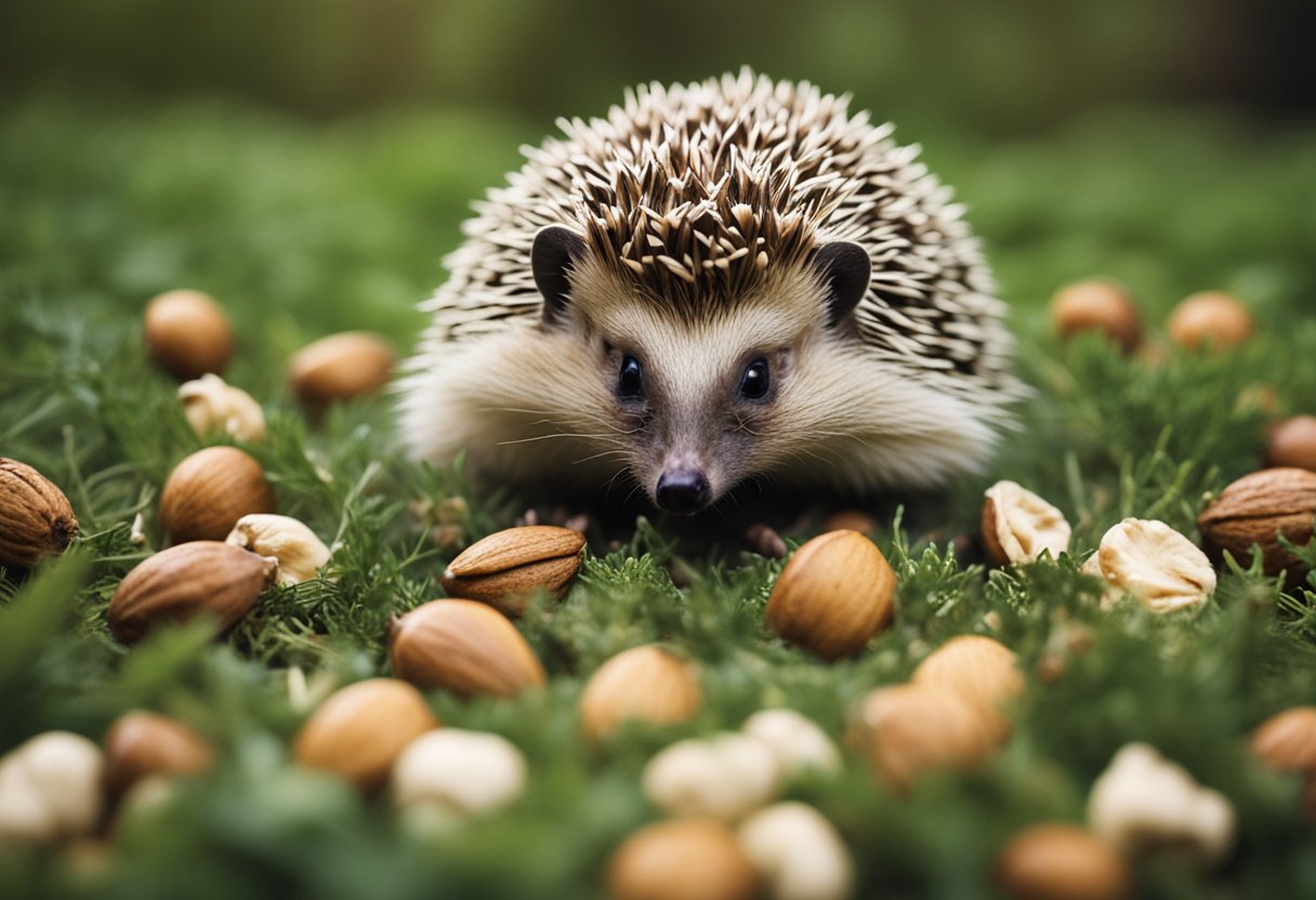 A hedgehog surrounded by a variety of nuts, with a curious expression as it sniffs and nibbles on one of them