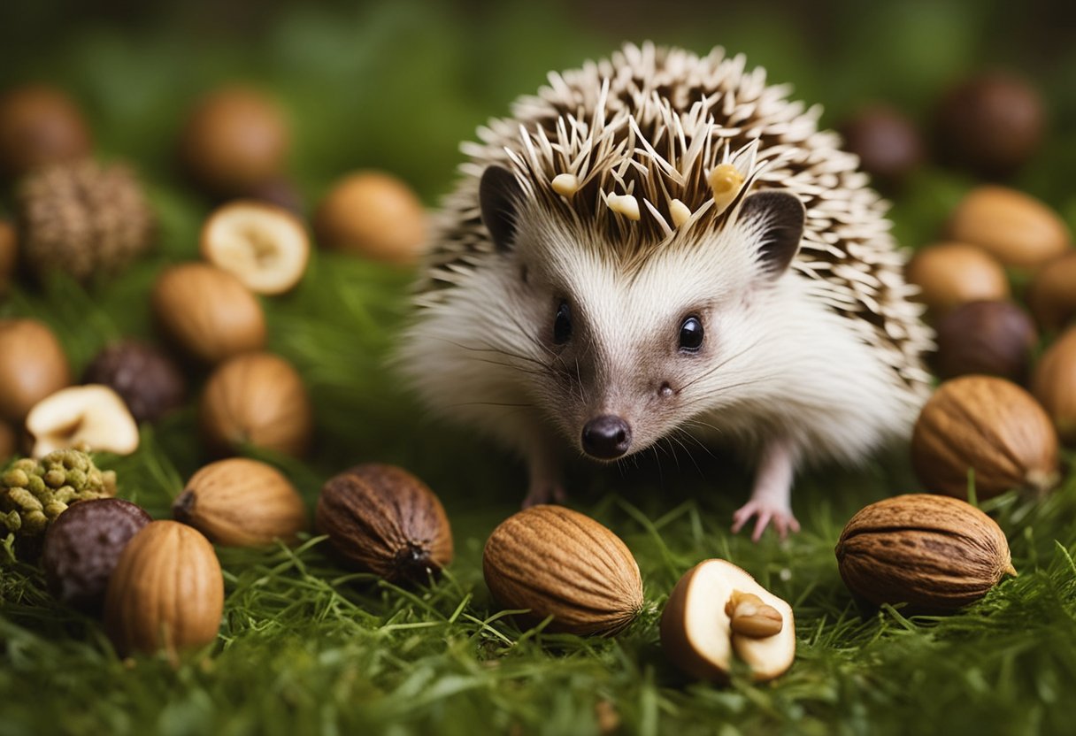A hedgehog surrounded by various nuts, with a thought bubble asking "Do hedgehogs eat nuts?" The hedgehog looks curious and inquisitive