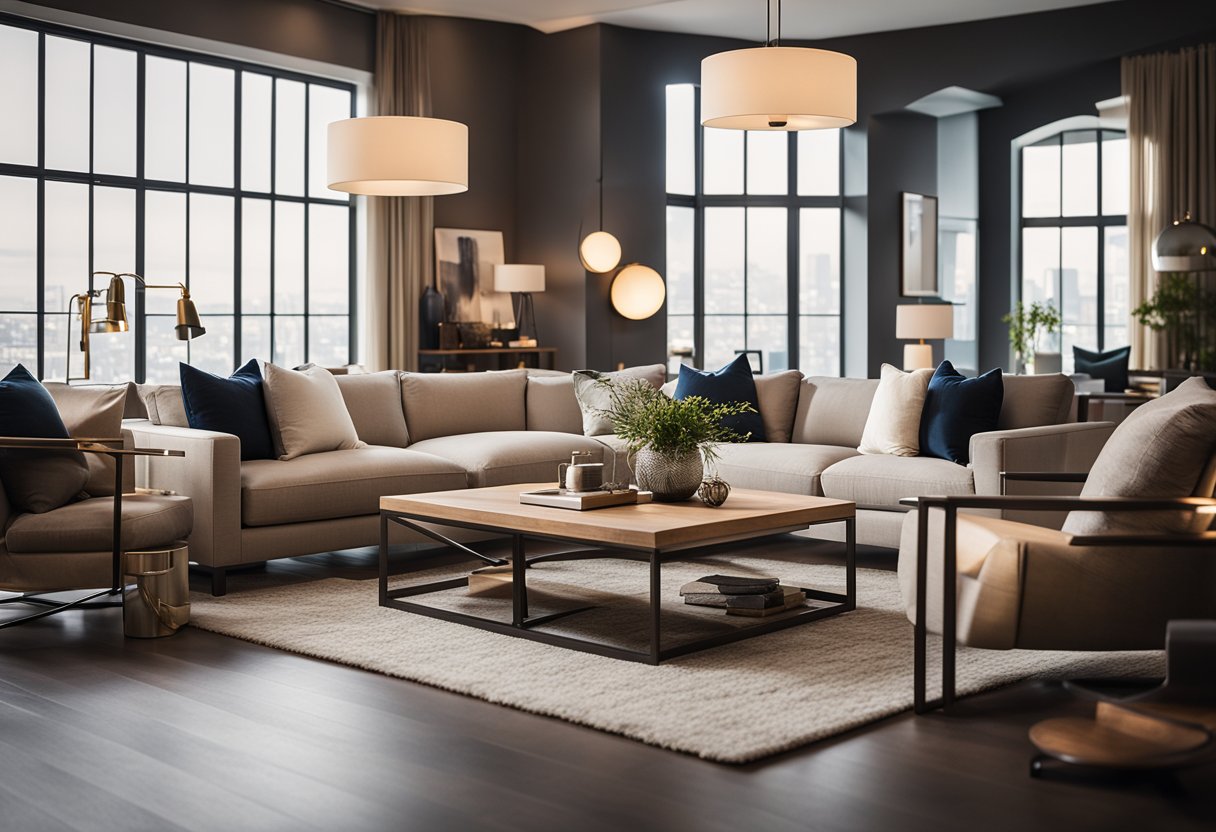 The living room is bathed in warm, ambient lighting with strategically placed fixtures to create a cozy and inviting atmosphere. The light reflects off the sleek, modern furniture and illuminates the space with a soft, welcoming glow