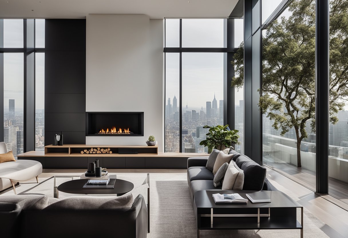 A sleek, minimalist living room with high-end furniture, a statement fireplace, and large windows showcasing city views