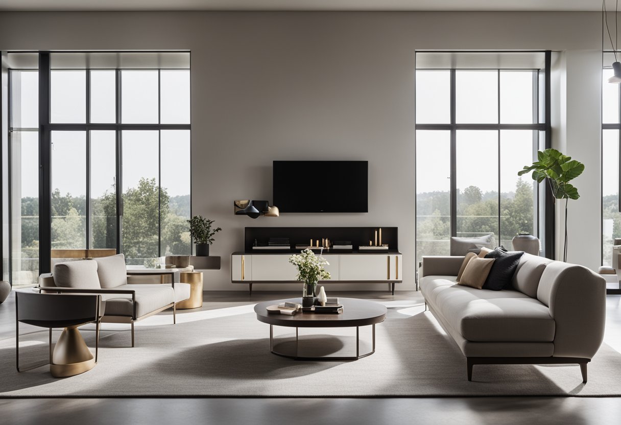 A sleek, minimalist living room with high-end furniture, clean lines, and luxurious materials. A neutral color palette with pops of bold accents. Large windows let in natural light, creating a spacious and inviting atmosphere