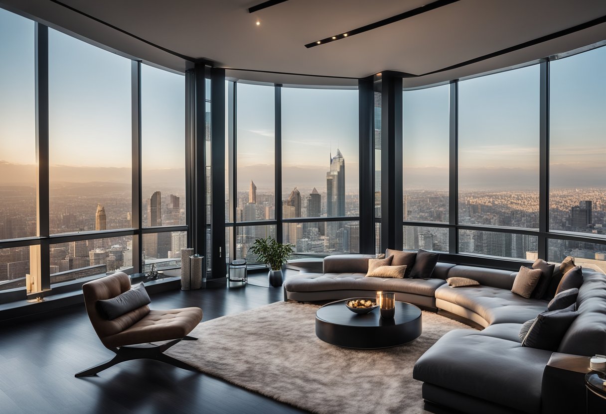 A modern penthouse living room with sleek furniture, floor-to-ceiling windows, and a panoramic city view