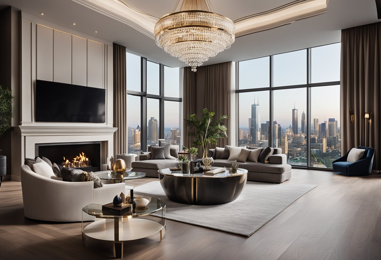 A spacious living room with luxurious furniture, elegant decor, and large windows overlooking a city skyline. A grand chandelier hangs from the high ceiling, and a fireplace adds warmth and opulence to the space