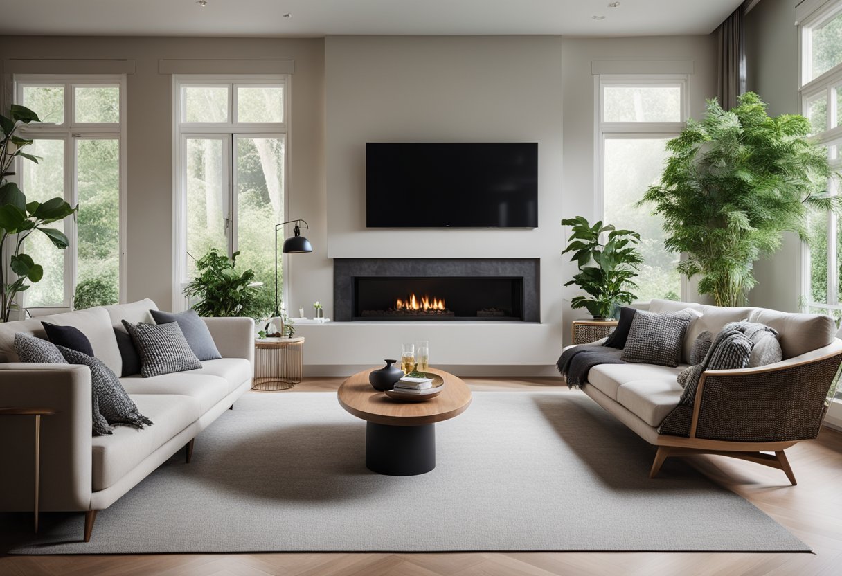 A spacious, well-lit living room with sleek, modern furniture, a cozy fireplace, and large windows offering a view of lush greenery
