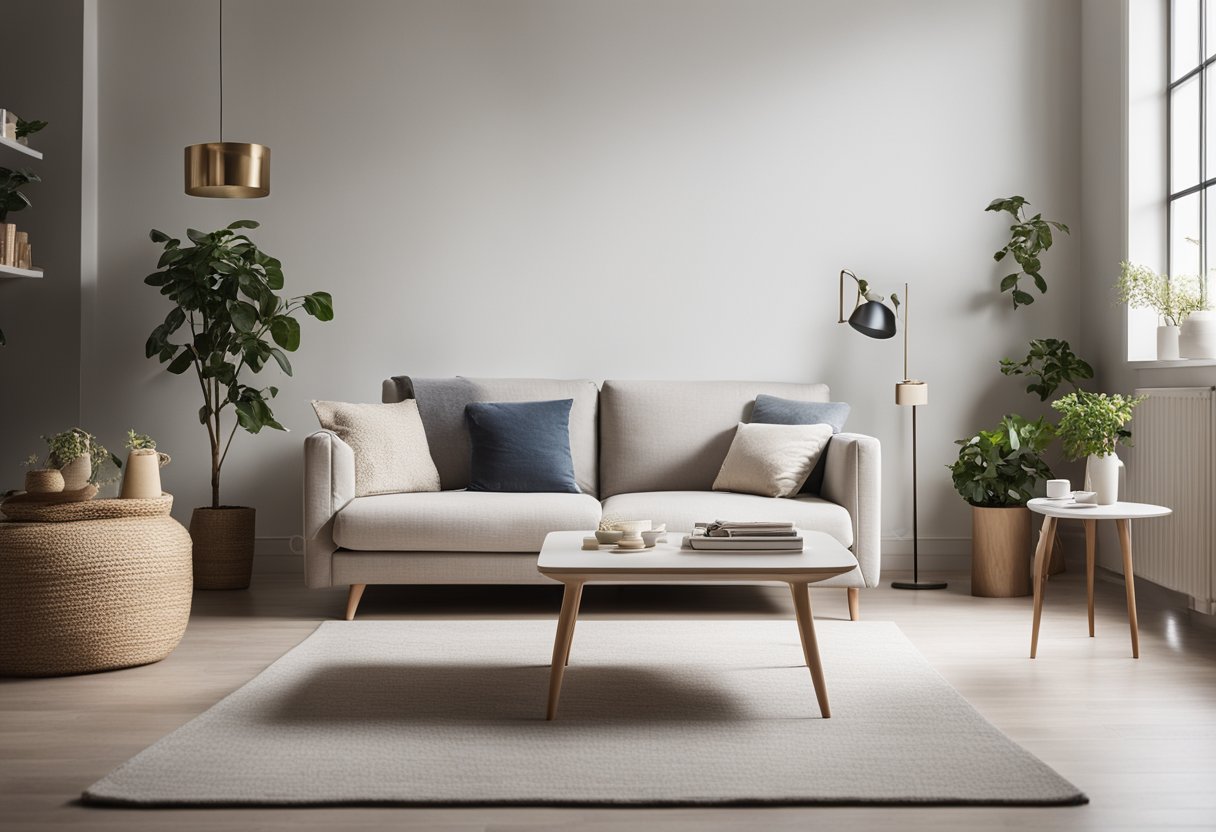 A small living room with minimalist design: white walls, a simple sofa, a low coffee table, and a few decorative items