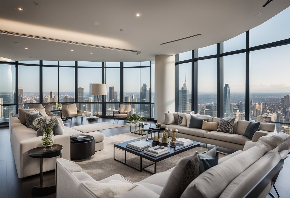 A modern penthouse living room with sleek furniture, neutral color palette, and luxurious accents. Large windows offer panoramic city views