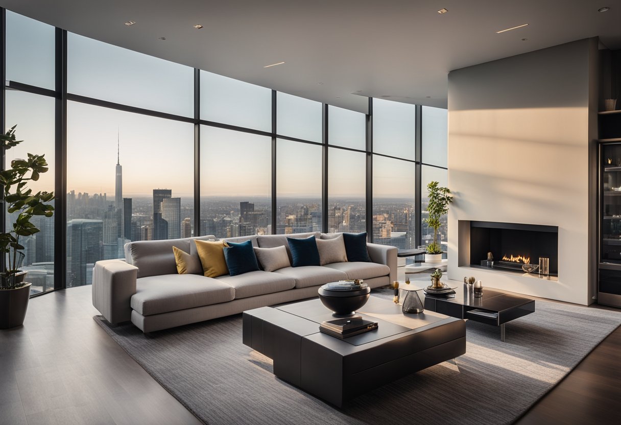 A modern penthouse living room with sleek furniture, large windows offering city views, and a minimalist color scheme