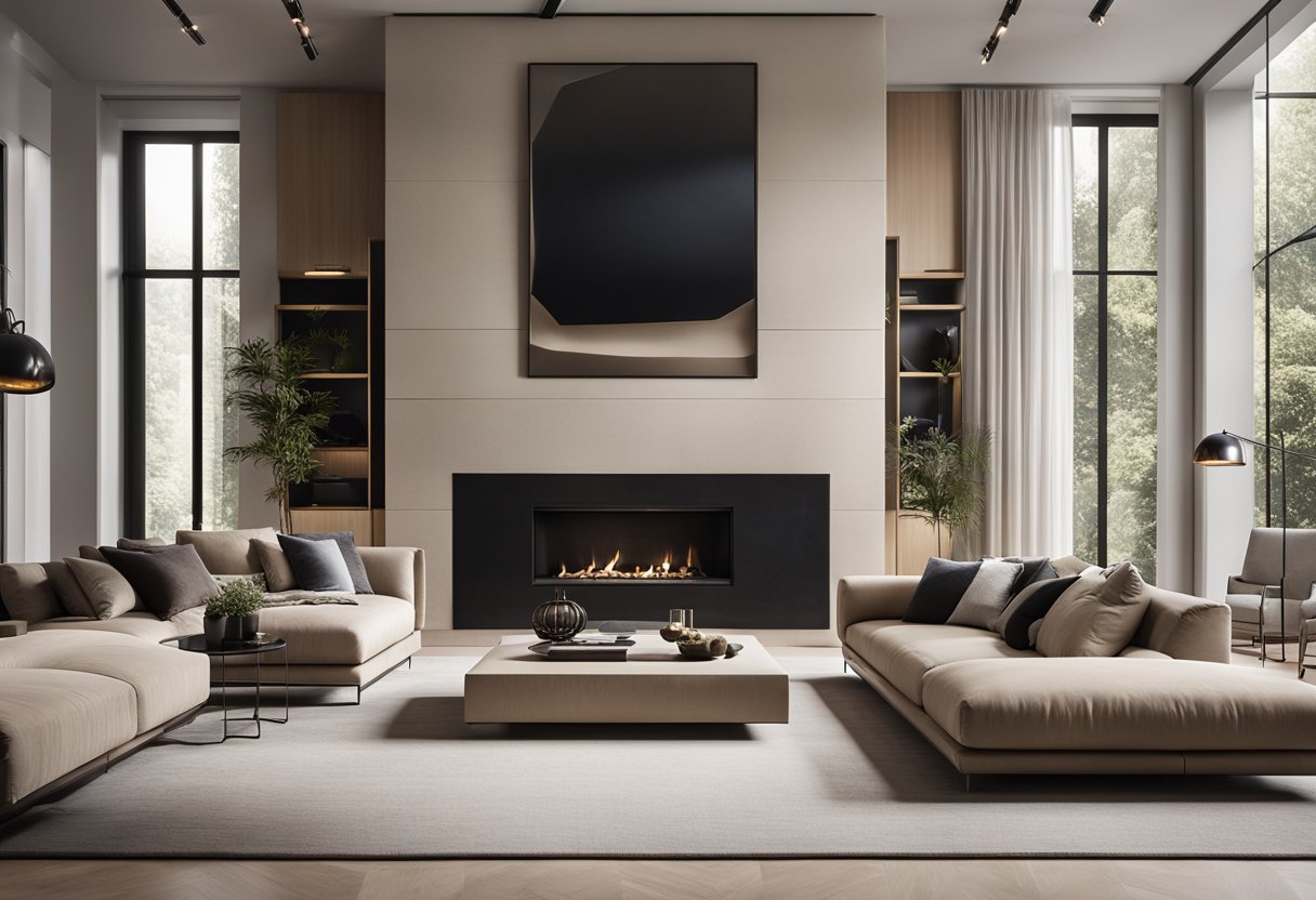 A modern luxury living room with sleek furniture, neutral color palette, and high-end finishes. Large windows allow natural light to fill the space, while statement lighting fixtures add a touch of elegance