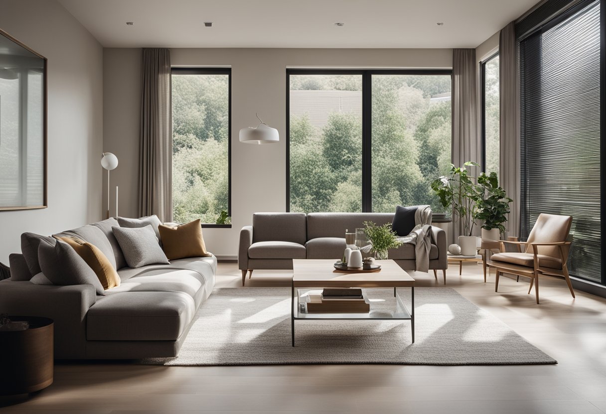A cozy, clutter-free living room with neutral colors, sleek furniture, and clean lines. A large window lets in natural light, illuminating the minimalist design