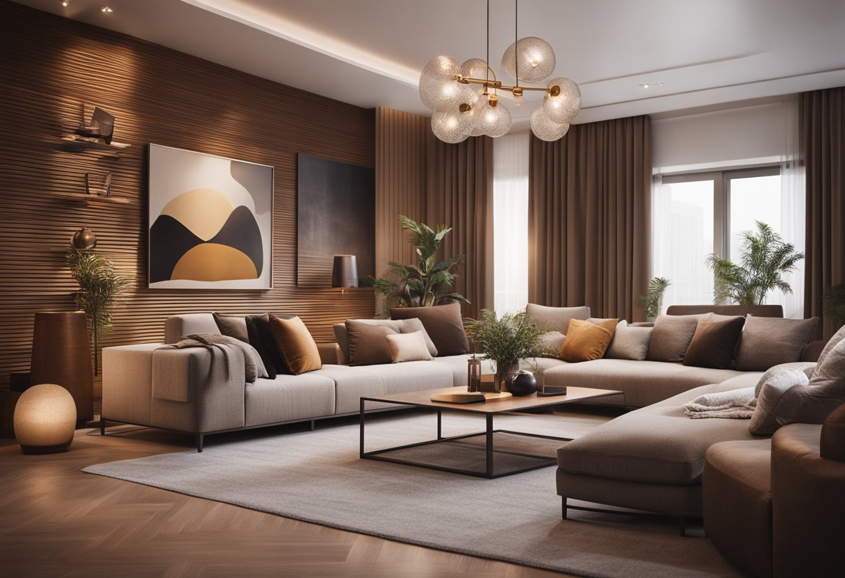 A cozy living room with warm earthy tones, plush furniture, and soft lighting. A large, abstract art piece hangs on the wall, complementing the modern yet inviting atmosphere