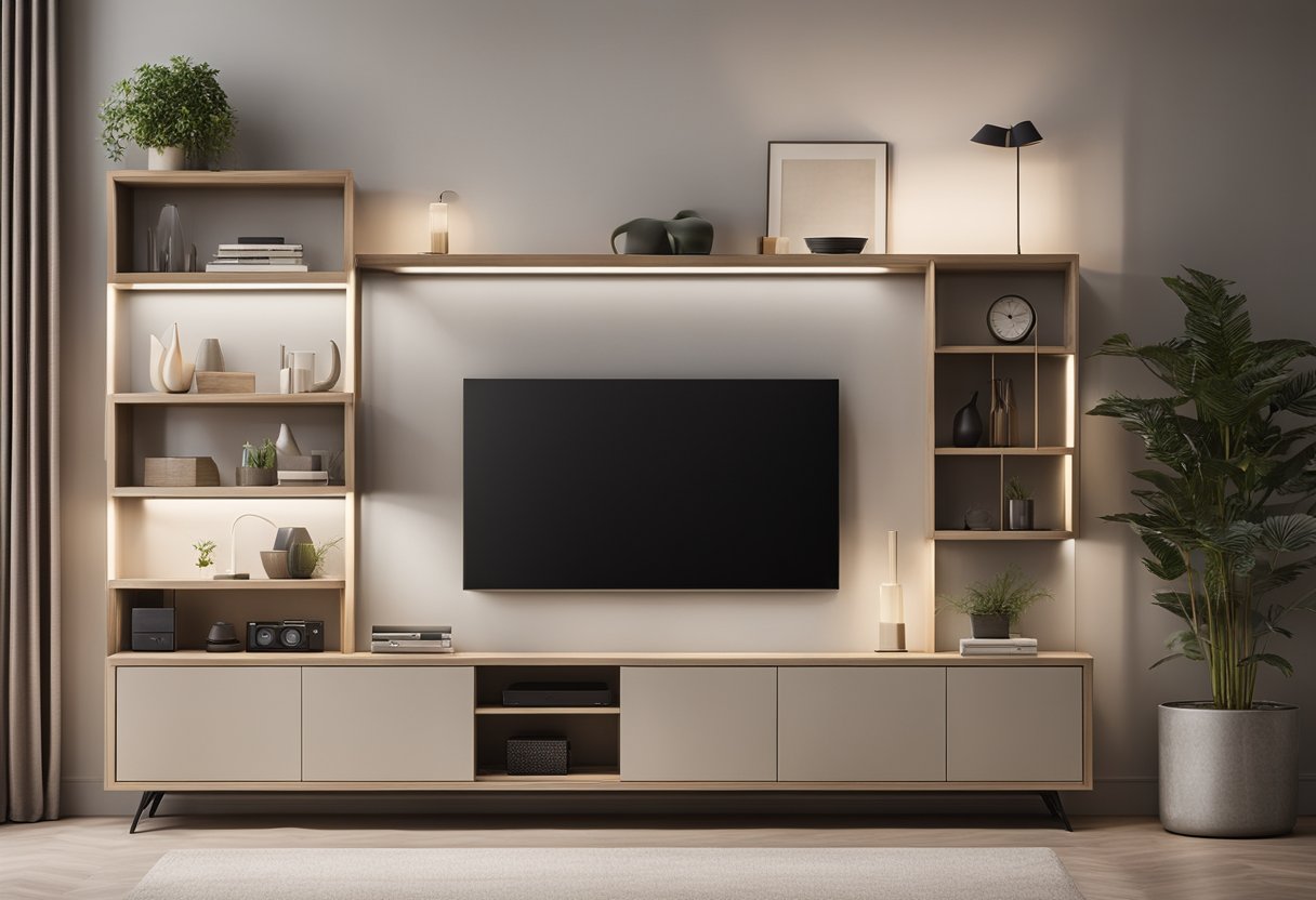 A modern wall unit with sleek shelves and built-in lighting, showcasing a mix of open and closed storage compartments, against a neutral-colored living room wall