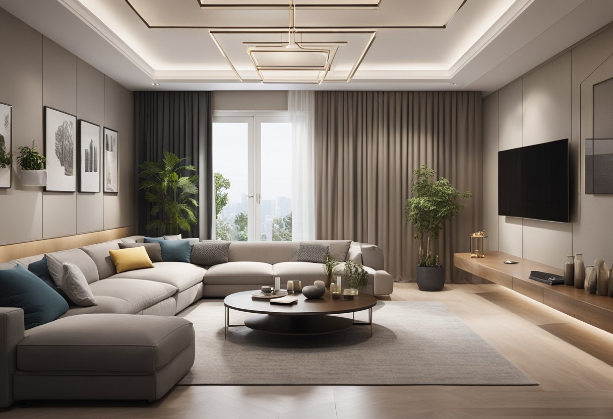 A spacious living room with a simple, elegant pop ceiling design featuring clean lines and subtle geometric patterns