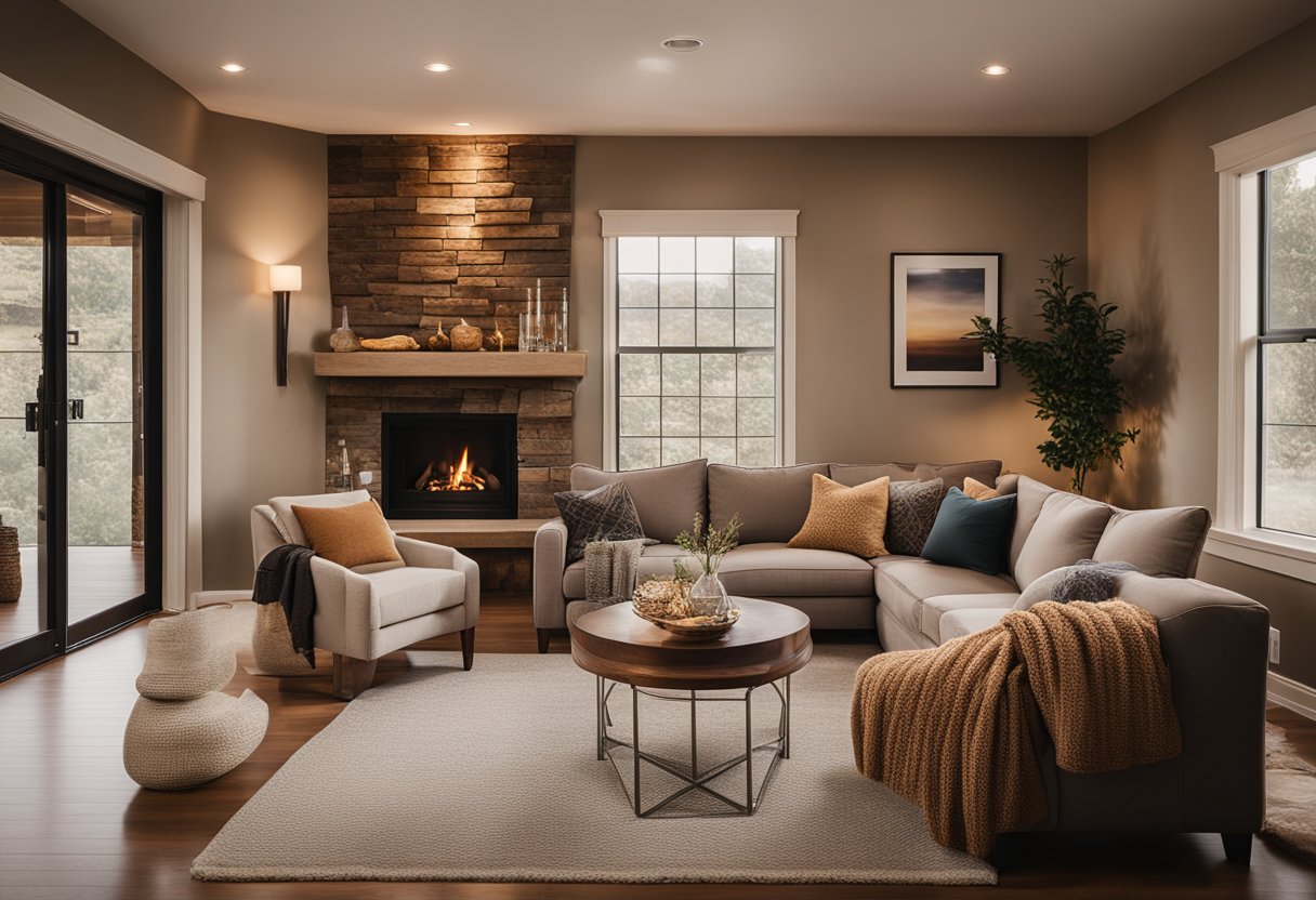 A cozy living room with warm, earthy tones, plush seating, and natural textures. A fireplace adds a focal point, while soft lighting creates a relaxed ambiance
