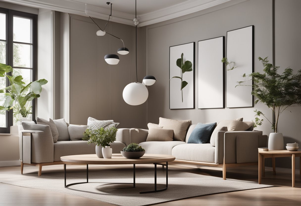A small living room with minimalist design, featuring clean lines, neutral colors, and simple furniture arrangement