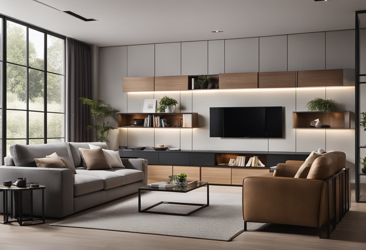A modern living room with sleek, modular wall unit designs featuring clean lines, integrated lighting, and versatile storage options