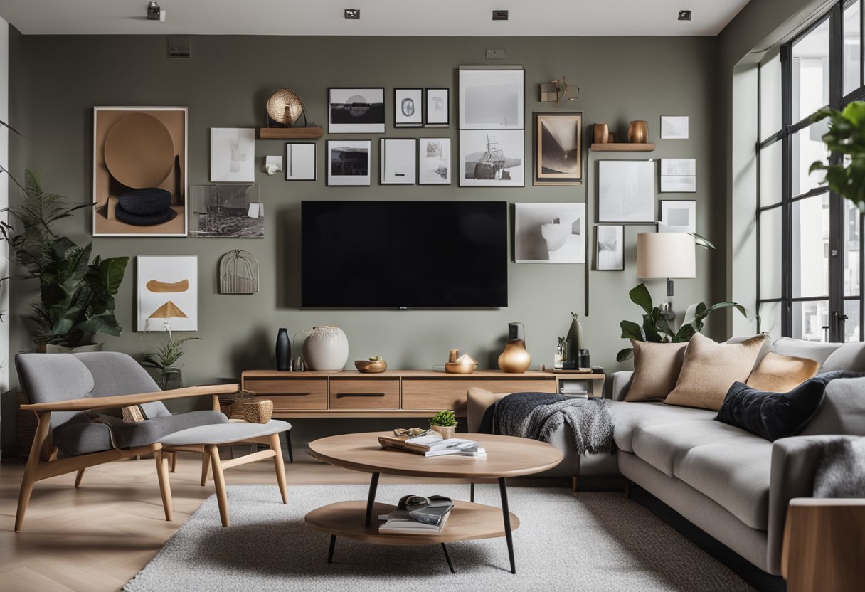 A cozy living room with a modern design, featuring digital tools and resources for interior design. The mood board is displayed on the wall, while the room is furnished with contemporary furniture and decor