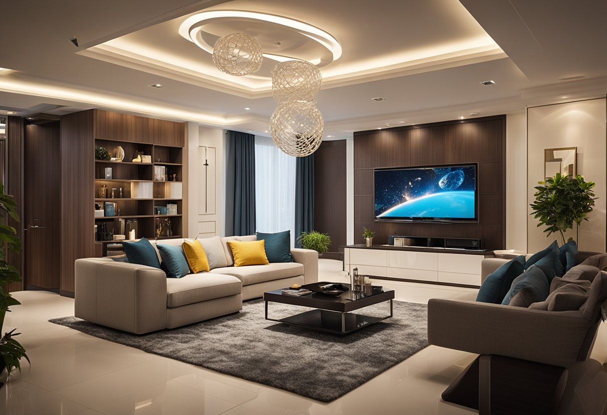 A living room with a simple pop ceiling design, blending functionality and style with clean lines and subtle lighting