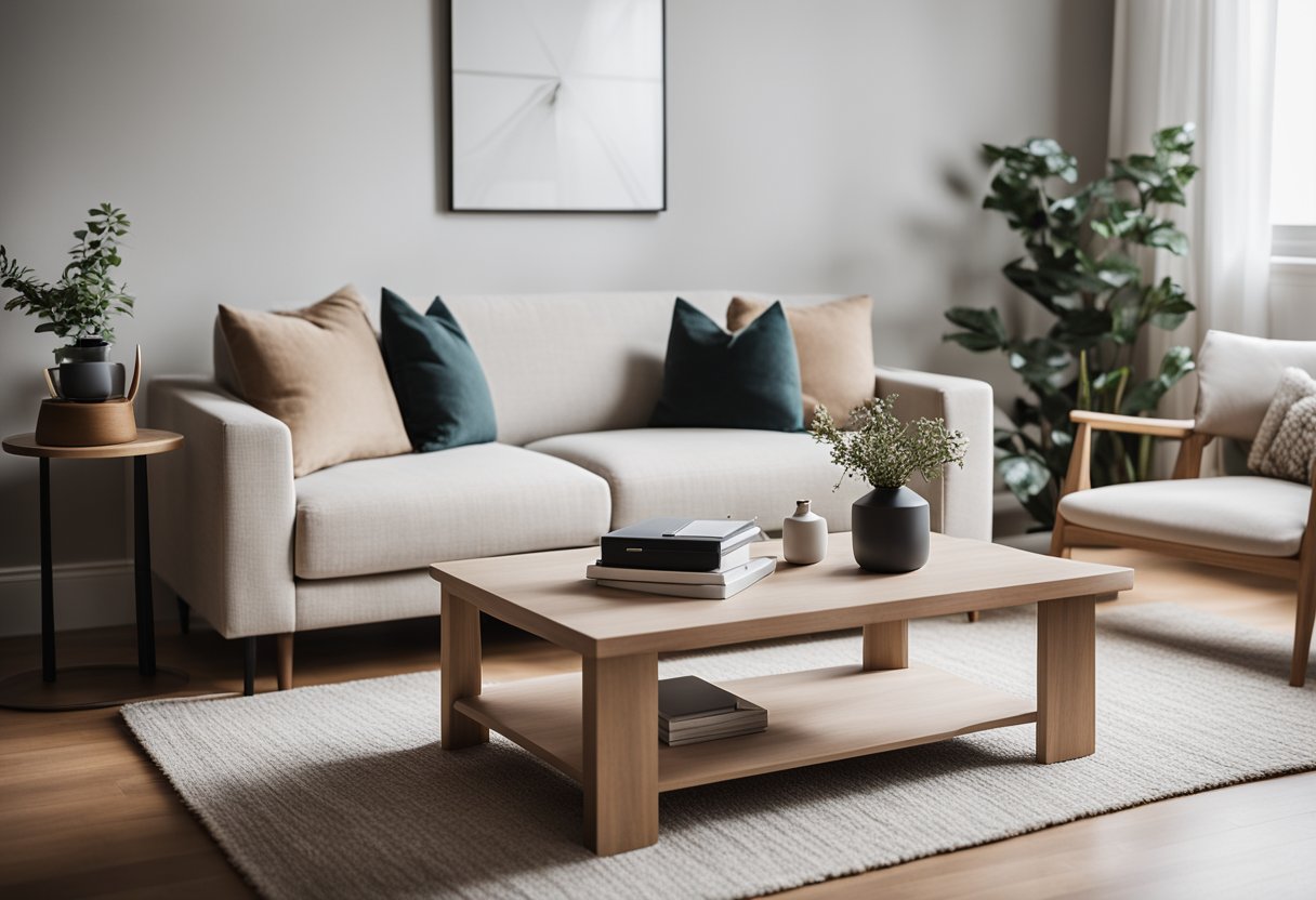 A small living room with clean lines, neutral colors, and minimal furniture. A sleek sofa, a simple coffee table, and a few carefully chosen decor pieces
