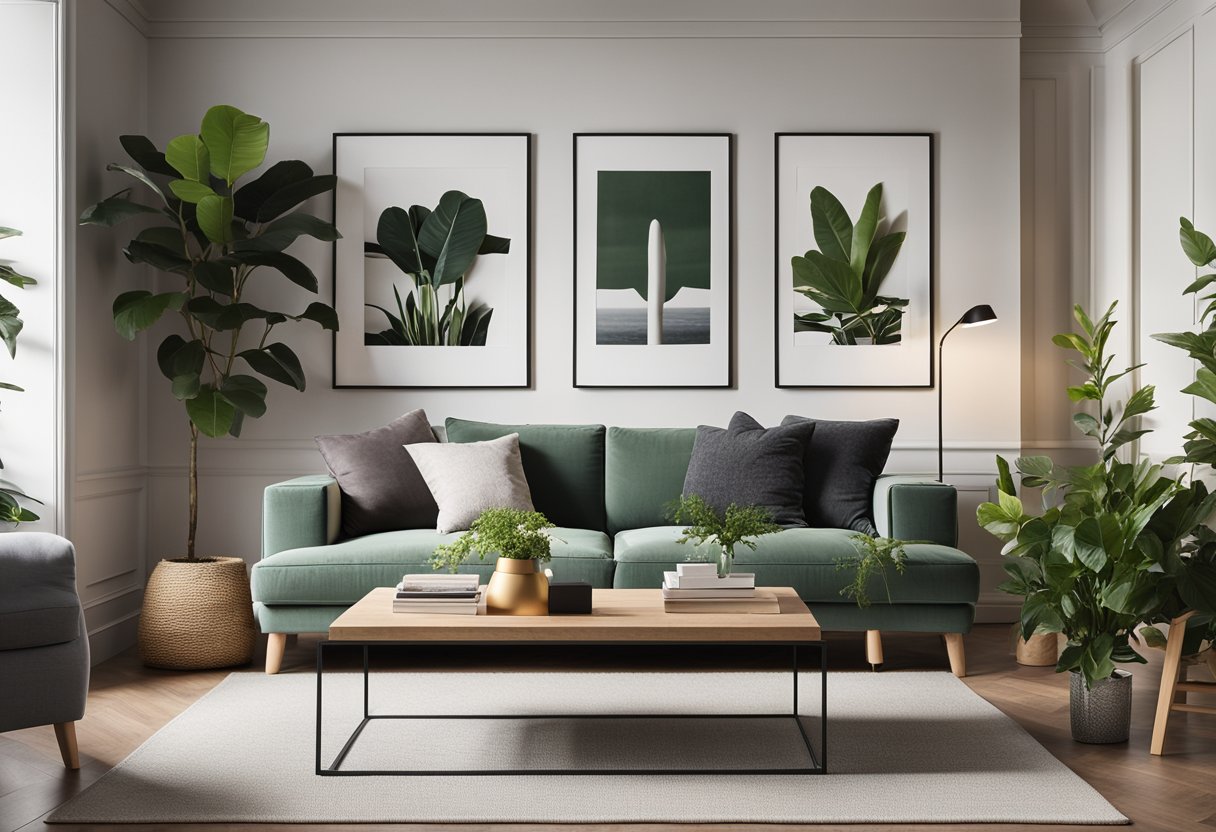 A cozy living room with a modern design, featuring a comfortable sofa, a coffee table with books and a plant, and a gallery wall with framed artworks