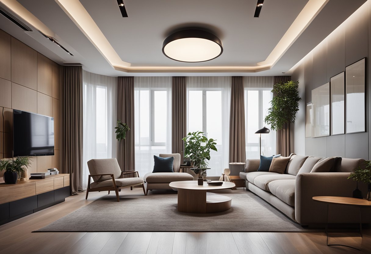 A cozy living room with a simple, elegant pop ceiling design. Clean lines, minimalistic details, and warm lighting create a welcoming atmosphere
