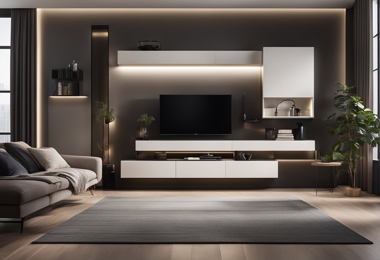 A modern wall unit with sleek lines and integrated lighting complements the living room's minimalist aesthetic