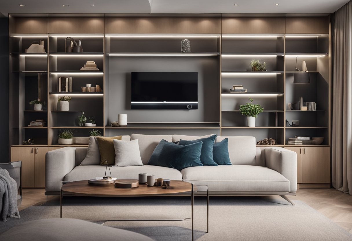 A modern living room with a sleek wall unit featuring clean lines, open shelving, and integrated storage for displaying and organizing frequently asked questions materials