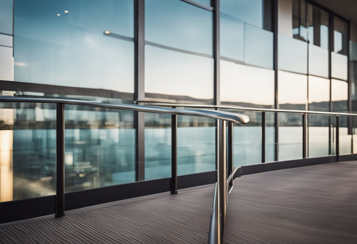 A modern glass railing encloses a balcony, with sleek metal supports and clean lines