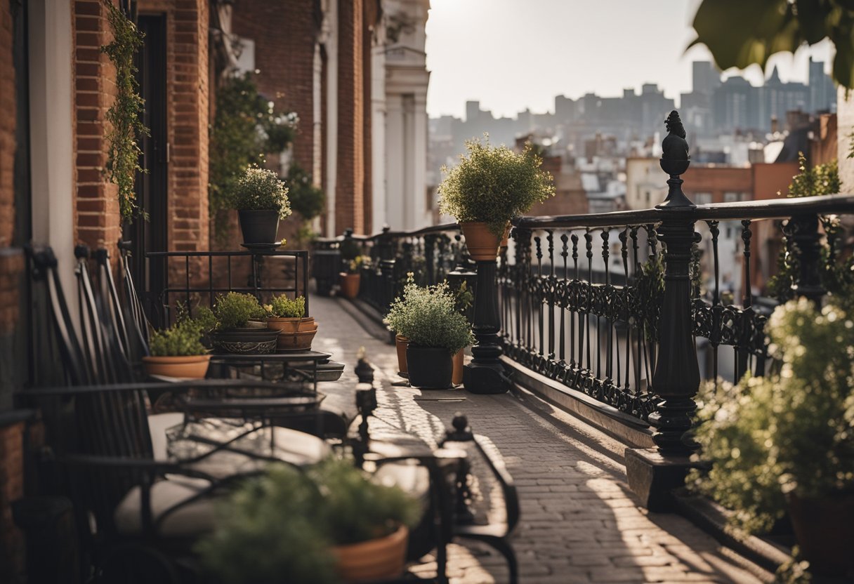 A brick balcony with ornate railings and potted plants. A wrought iron table and chairs sit in the corner, overlooking a bustling city street