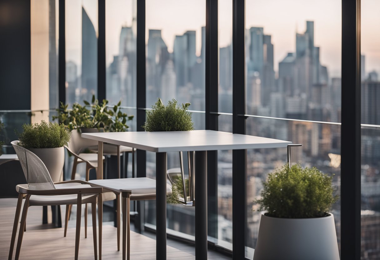 A modern, minimalist balcony with sleek glass railings and potted plants. A small bistro table and chairs sit against the backdrop of a city skyline