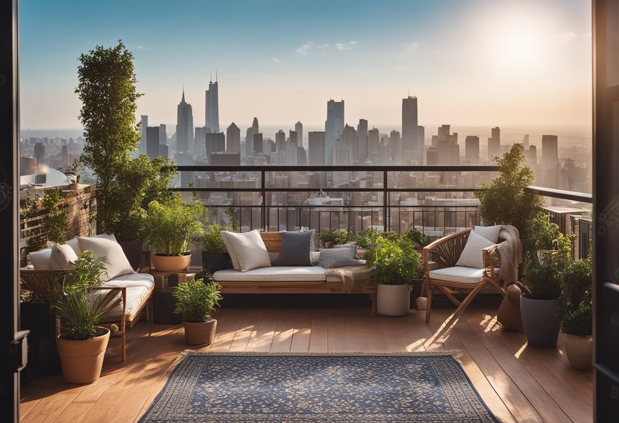 A brick balcony with potted plants, wooden furniture, and a cozy outdoor rug overlooking a city skyline