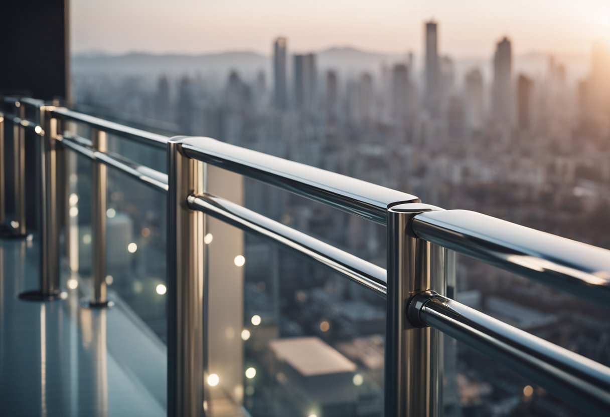 A modern glass railing on a balcony overlooking a city skyline with sleek metal supports and clean lines