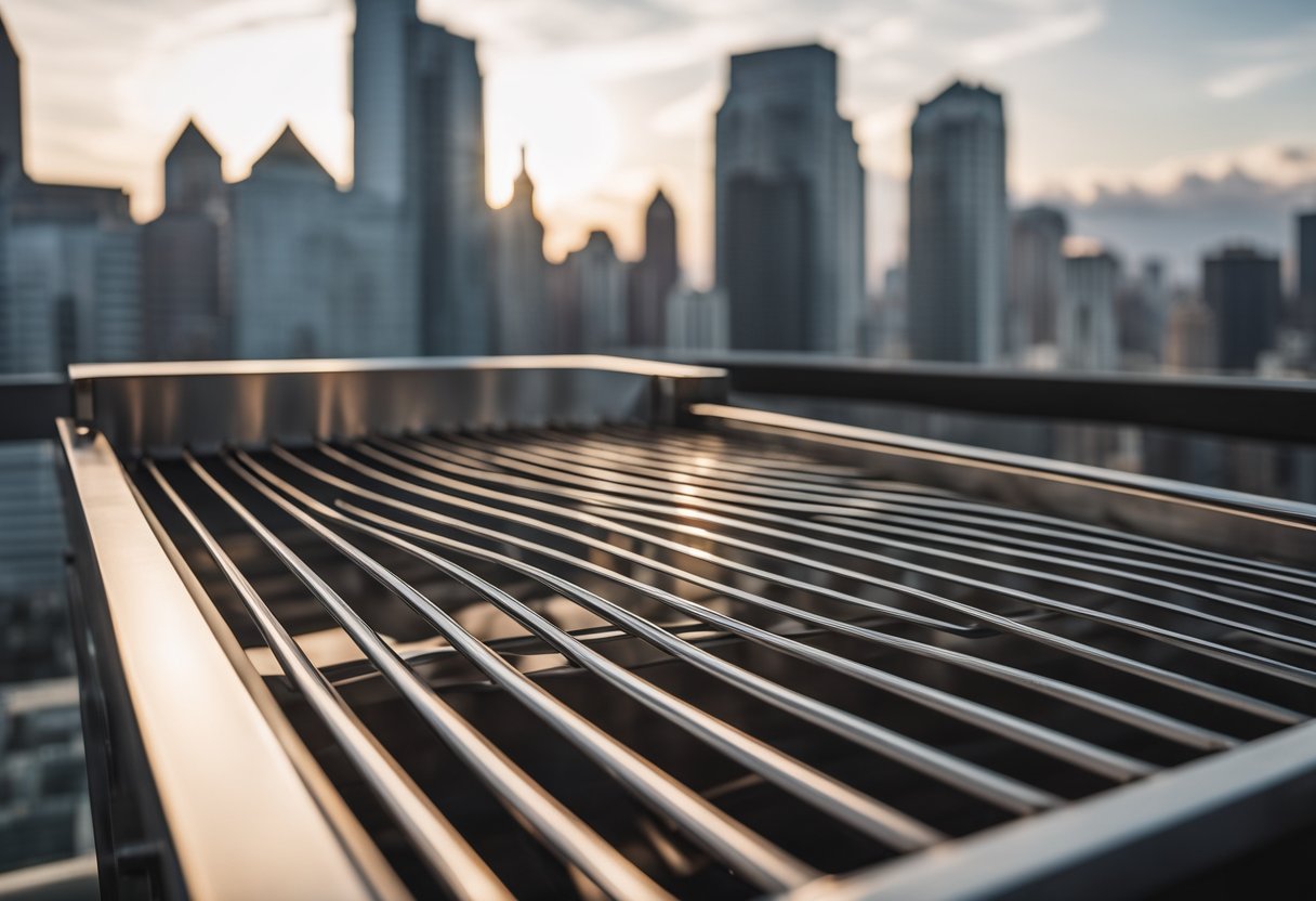 A sleek stainless steel balcony grill, featuring geometric patterns and clean lines, stands against a city skyline backdrop