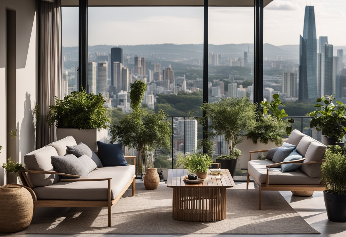 A spacious balcony with modern furniture and lush greenery, overlooking a city skyline