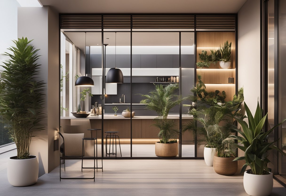 A sleek, modern balcony cabinet design with clean lines and minimalist hardware, accented by potted plants and soft lighting