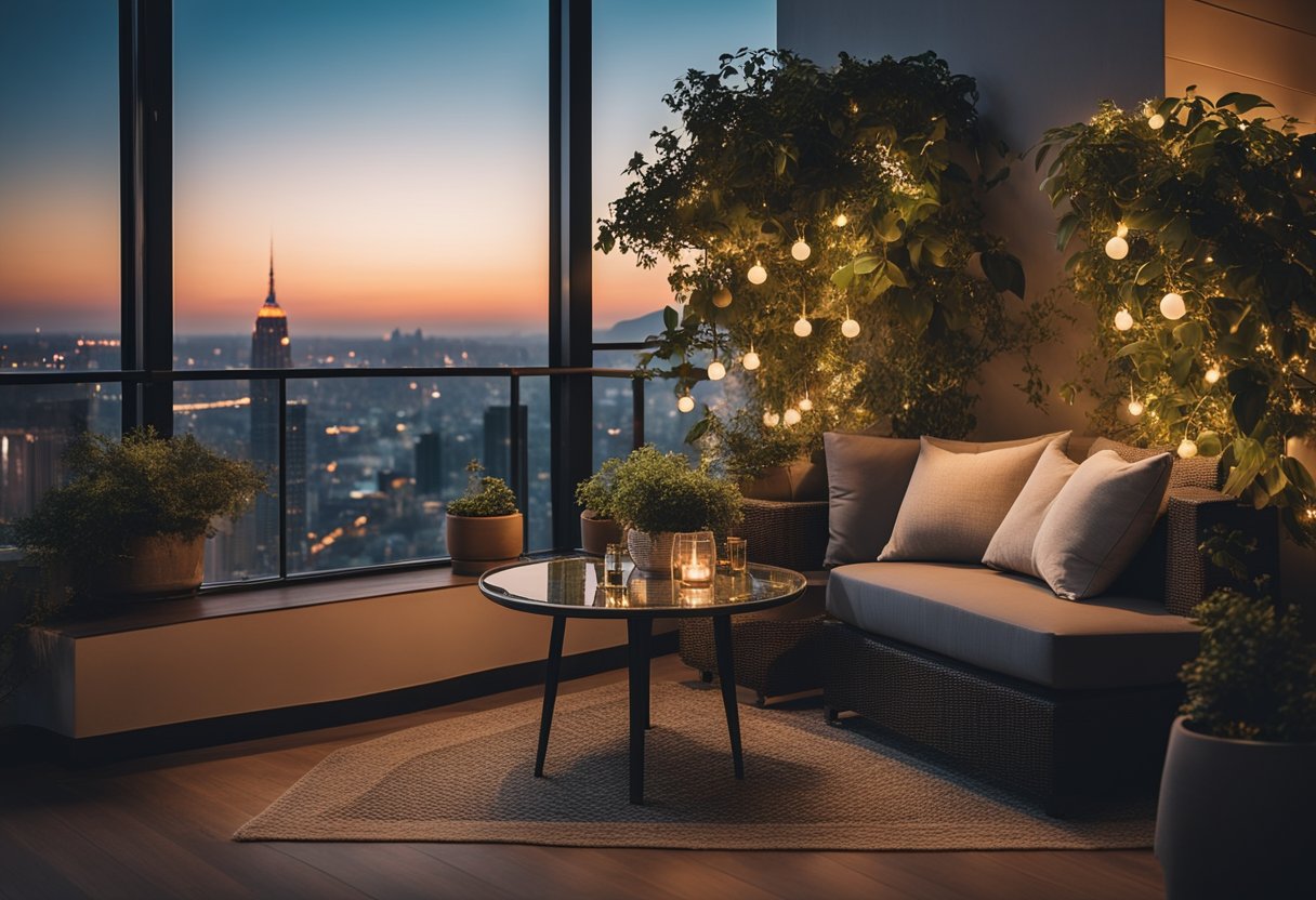 A cozy balcony with potted plants, comfortable seating, and string lights, overlooking a scenic view of the city skyline