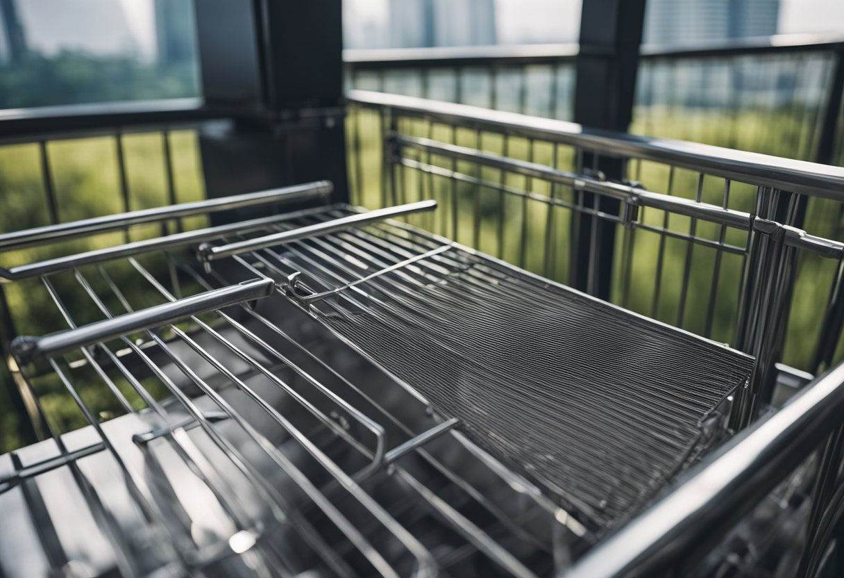 A stainless steel balcony grill is installed and maintained by a worker with tools and equipment