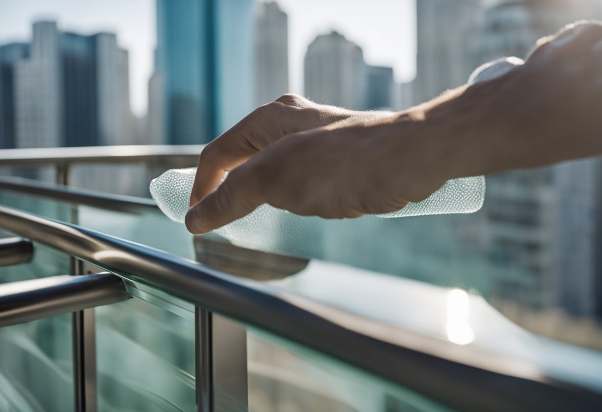 A glass railing is installed on a balcony, with metal supports and clear panels. Regular cleaning and maintenance are shown, with a person wiping down the glass