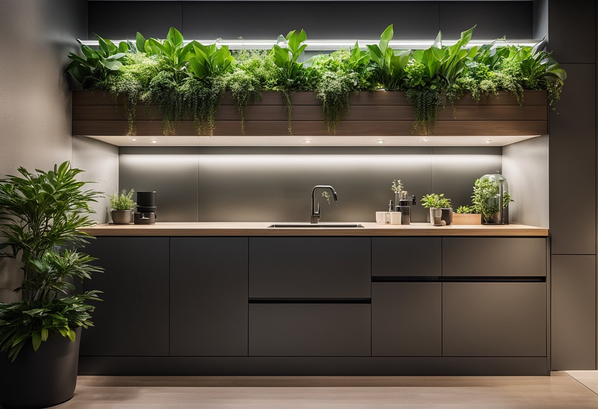 A sleek, modern balcony cabinet with built-in shelving and space-saving features, surrounded by lush greenery and accented with ambient lighting