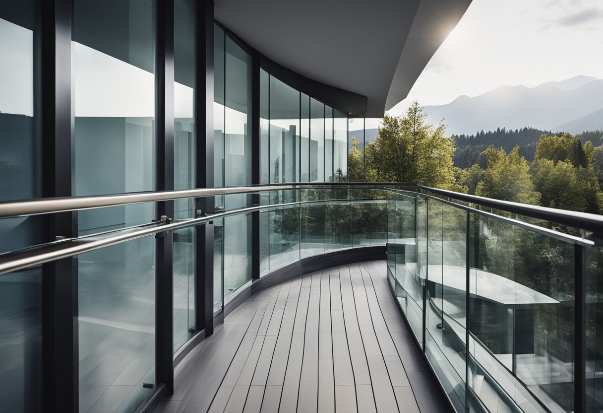 A glass railing on a balcony, with sleek, modern design. Clear panels with minimal hardware, providing unobstructed views