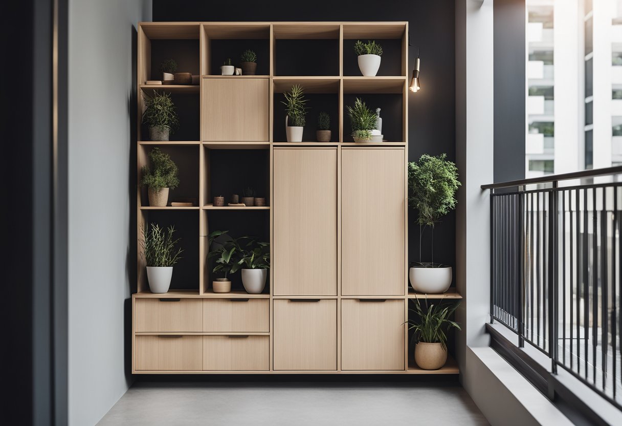 A balcony with a modern cabinet design, showcasing various compartments and shelves for storage, with a sleek and minimalist aesthetic