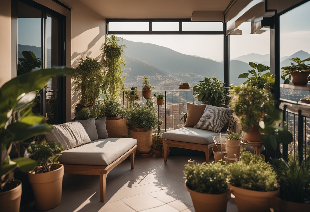 A cozy balcony with potted plants, comfortable seating, and soft lighting, overlooking a scenic view