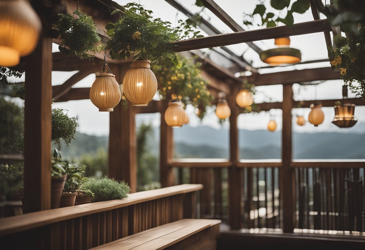 A wooden balcony with a sloped shed roof, supported by beams and adorned with potted plants and hanging lanterns