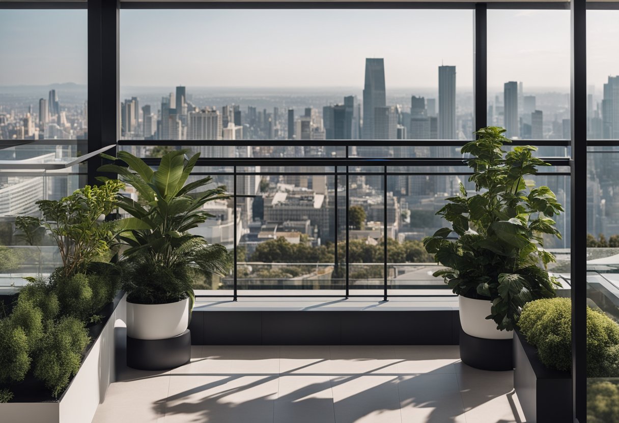 A sleek, minimalist balcony with glass railings, modern furniture, and potted plants, overlooking a city skyline