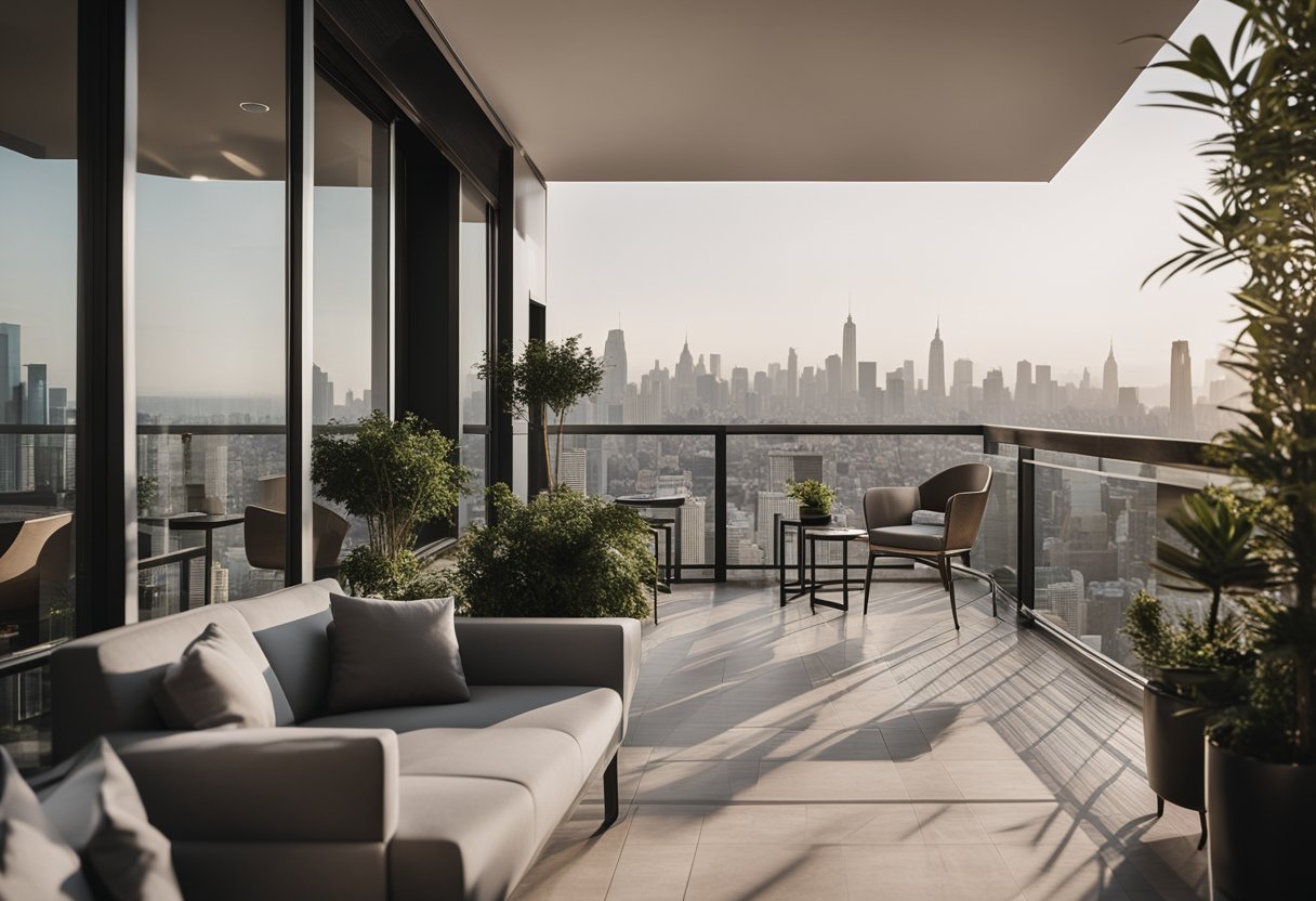 A sleek, minimalist balcony with modern furniture, potted plants, and a city skyline in the background